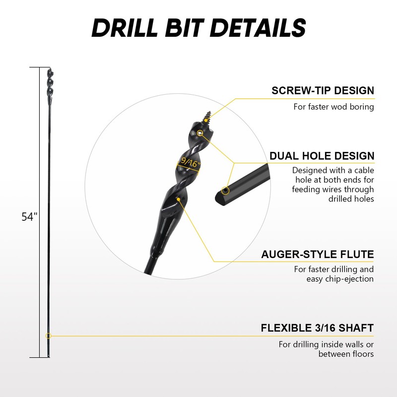 HANSHAN 54× 3/16 ×9/16 Head Flexible Installer Drill Bit Fish