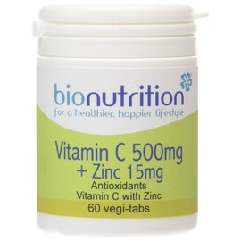 Bio Nutrition Vitamin C 500mg + Zinc 15mg : Antioxidant and Immune Vitamin and Mineral Supplement : 60 vegi-tabs