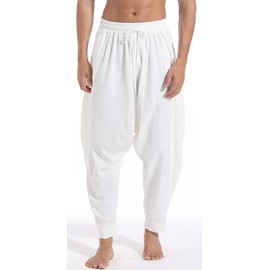 AITFINEISM Mens Casual Elastic Waist Harem Pants Loose Drawstring Drop Crotch Trousers (3X-Large, Pure White)