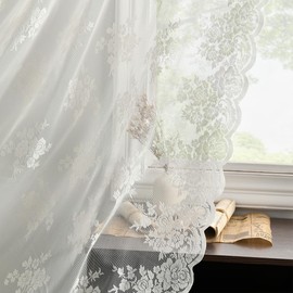 Kotile Lace Curtains 45 Inch Length - Short Lace Curtains for Kitchen Window, Vintage Sheer Cafe Curtain 2 Panels, Rod Pocket Rustic Floral Short Drapes, 52 x 45 Inch, 2 Panels, Ivory