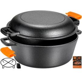 TLGREEN Cast Iron Dutch Oven Pot with Lid, Pot (6.7QT) and Lid as a Skillet(2.5QT) - Dutch Oven Cast Iron with Silicone Holders, Iron Stand, for Oven, Stove, Grill，Campfire