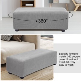 PiccoCasa High Stretch Ottoman Cover with Elastic Bottom, Soft Slipcover Jacquard Fabric Small Checks Rectangle Storage Stool Cover Furniture Covers Light Gray Large