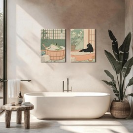 Japanese Bathroom Wall Art Funny Black Cat and Frog in Bathtub Wall Decor Paintings Vintage Cute Animal Canvas Prints Aesthetic Home Decor Pictures for Restroom Bathroom 12x16 Inch Framed