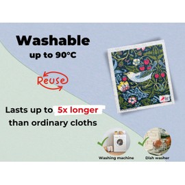 Grünschloss Art Printed Dishcloths, Original William Morris (Set of 3) Strawberry Thief - Unique Design Dish Cloths Washable Cellulose & Cotton Cleaning Cloths Absorbent & Sustainable