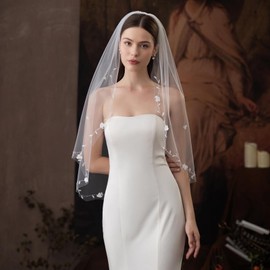 chrumeshi Bridal wedding veil beaded piece one layer fingertip length (ivory)