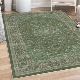 Ambesonne Vintage Decorative Rug, Oriental Design Curlicue Swirly Motives with Minty Details Botanical Nature Colors, Quality Carpet for Bedroom Dorm and Living Room, 5' 1" X 7' 5", Dark Green