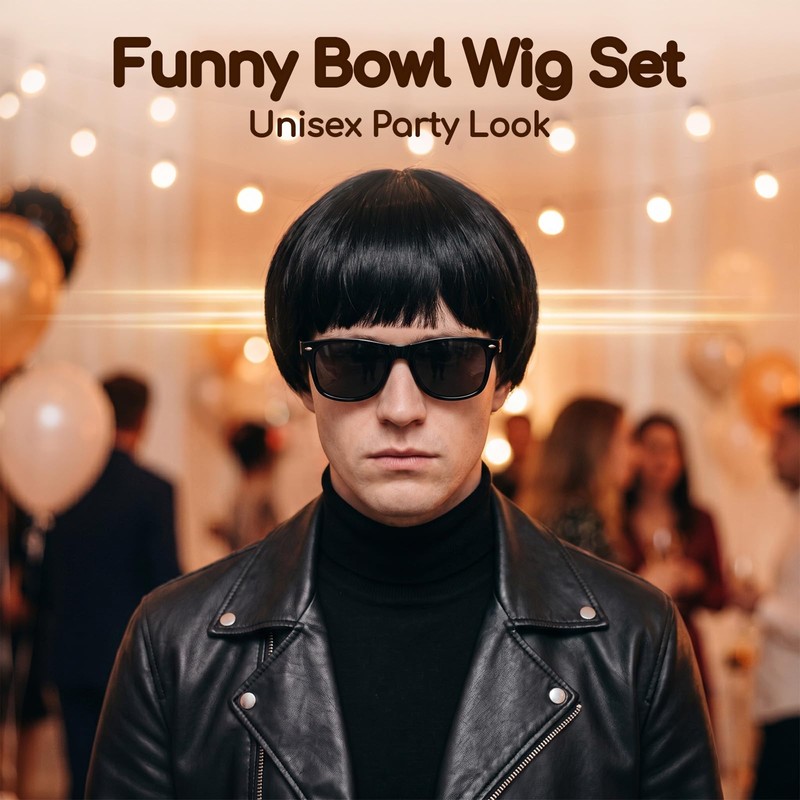Thhiit 5 Pcs Bowl Cut Wig Set, Funny Black Bangs
