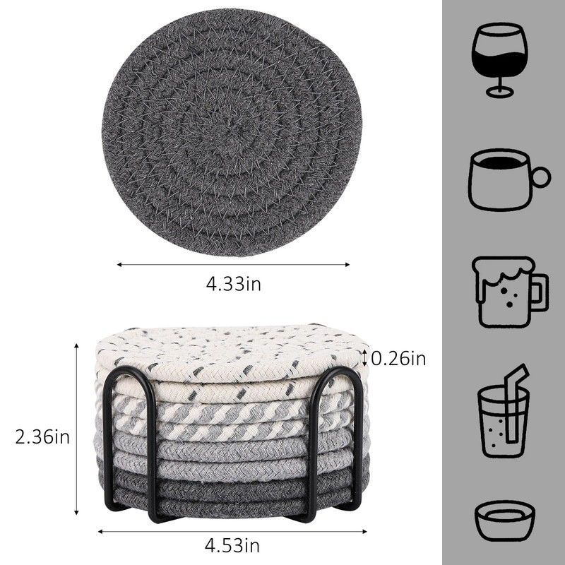 BTYMS 16Pcs Grey & Linen Woven Drink Coasters Set with