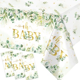 GREHUMOR 3Pack Sage Green Baby Shower Tablecloths Plastic Eucalyptus Leaves Oh Baby Table Cloths Sage Green Oh Baby Shower Decorations for Birthday Bridal Gender Neutral Party Decorations