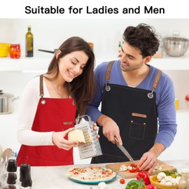 Genixart 6 Bulk Pack Chef Apron for Men Women with Pockets, Cross Back Apron for Kitchen Cooking Baking Artist Painting, Cotton Canvas Work Aprons for Restaurant, Cafe Shop, Garden (Red, M to XXL)