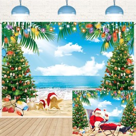 July Christmas Backdrop 7x5FT Summer Beach Christmas Tree Decoration Photography Background Tropical Hawaiian Party Supplies Photo Props