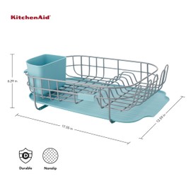 KitchenAid Low Profile Compact Dishrack with Removable Flatware Caddy and Angled Self-Draining Board, Rust Resistant Wires, 12.59 x 17.55 x 6.29 Inch, Mineral Water