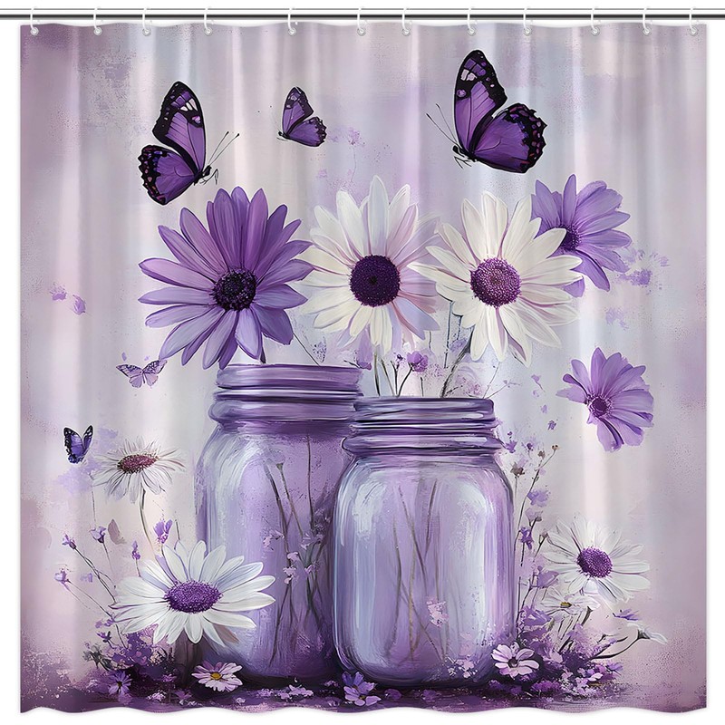 FAXTOZ Rustic Purple Butterfly Daisy Floral Glass Jar Shower Curtain,