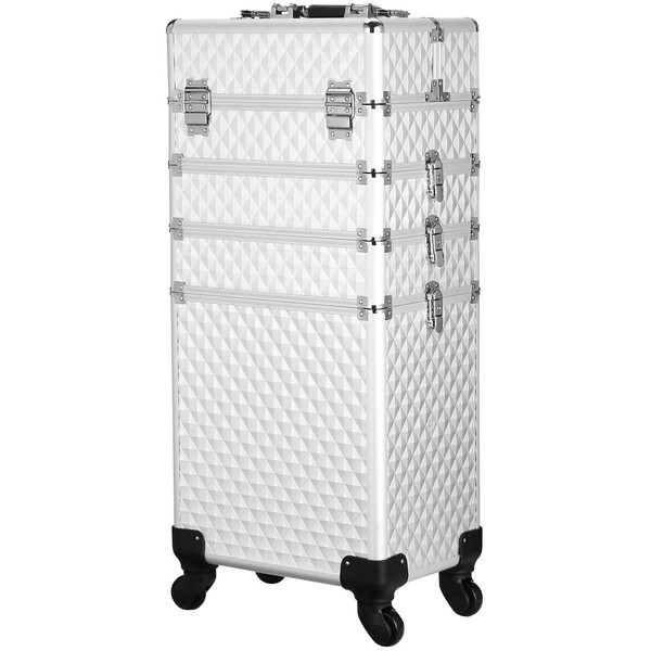 Rolling Train Case 4-in-1 Portable Professional Cosmetic Makeup Travel Case Aluminum Artists Jewelry Storage With DIY Adjustable Divider(Silver)