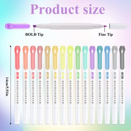 15 Pack Dual Tip Highlighter Pens, Double Ended Pastel Highlighters Fluorescent Markers Broad & Fine Tip Double Ended Markers for School, Office, Home Brush Tip Colouring Pens for Draw, paint, mark