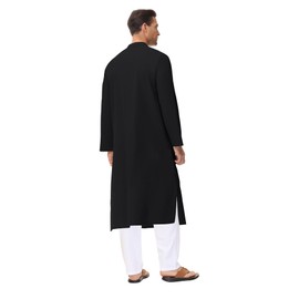 LVCBL Men's Kafta Neck Long Sleeve Kaftan Men's Long Button High Thobe Men's Side Split, black