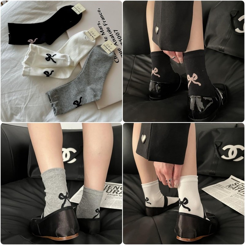 Weuiean HHJW-431 Women's Socks, 3 Colors, 3 Pairs Set, Bow