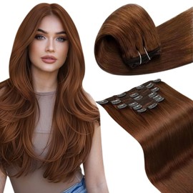 LaaVoo Remy Real Hair Clip-In Hair Extensions, 60 cm, Real Hair Clip Extensions, Real Hair Auburn Brown, Double Wefts, Hair Extension Real Hair Clip, 135 g, 7 Pieces, #33