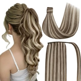 Sunny Hair Ponytail Extension Human Hair Wrap Around Ponytail Extension Straight Pony Tails Hair Extensions Clip in Ponytail Hair Extensions for Women 80G Medium Brown Highlight Platinum Blonde 18inch