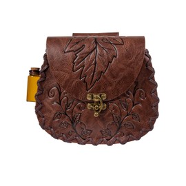 Retro Belt Pouch Medieval Retro Faux Leather Renaissance Costume Forest Elf Leaf Belt Bag Ren Faire Casual Waist Bag (Brown)