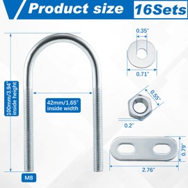 Therwen 16 Sets Round U Bolts Zinc Plated Steel Round Bend U Clamp with Nut Plate Washer (M8 x 42 mm X 100 mm)