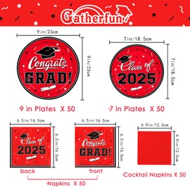 Graduation Party Plates and Napkins Gatherfun 2025 Graduation Party Supplies Red Disposable Paper Plates Luncheon Napkins Cocktail Napkins for Congrats Grad Party Decorations, Serve 50