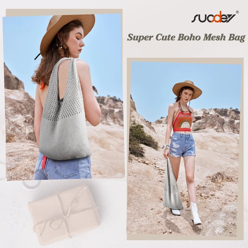 SUOSDEY Crochet Mesh Beach Tote Bag, Summer Vacation Aesthetic Knit