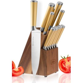 Gold Knife Set with Walnut Block – 13-Piece Full Tang Stainless Steel Kitchen Knives – Durable Gold Kitchen Accessories for Cooking and Food Prep