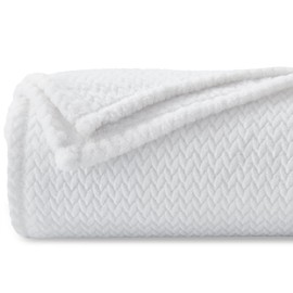 NEWCOSPLAY Super Soft King Blanket White Premium Silky Flannel Fleece Leaves Pattern Lightweight Bed Blanket All Season Use (White, King(90"x110"))