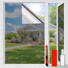 One Way Privacy Window Film Sun Blocking, Heat Blocking Window Tint for Home See Out But Not in, Static Cling & Anti UV, Black-Silver,17.5 Inch x 118 Inch
