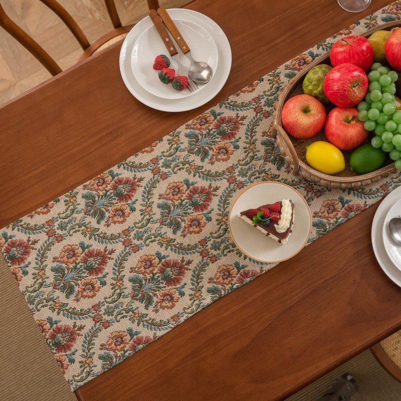 Rustic Floral Table Runner with Tassels, Retro Boho Style Spring