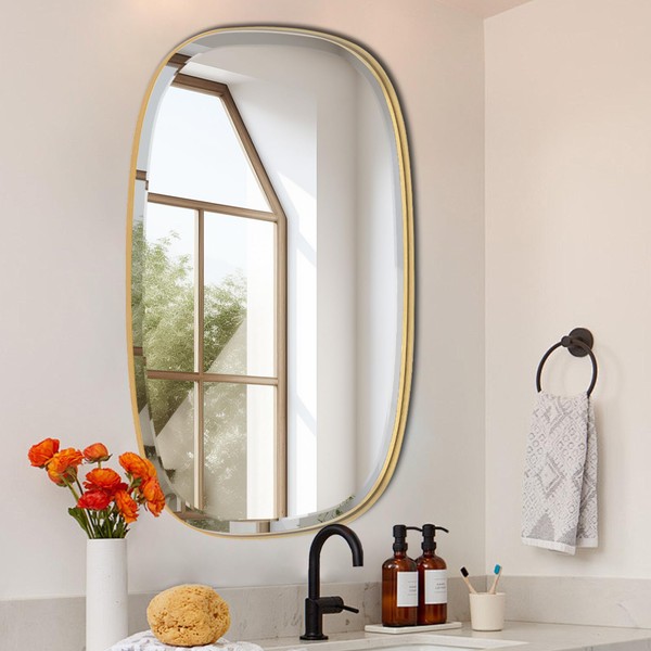 POZINO Gold Beveled Mirror, 24"x40" Modern Rounded Rectangle Mirrors, Brass