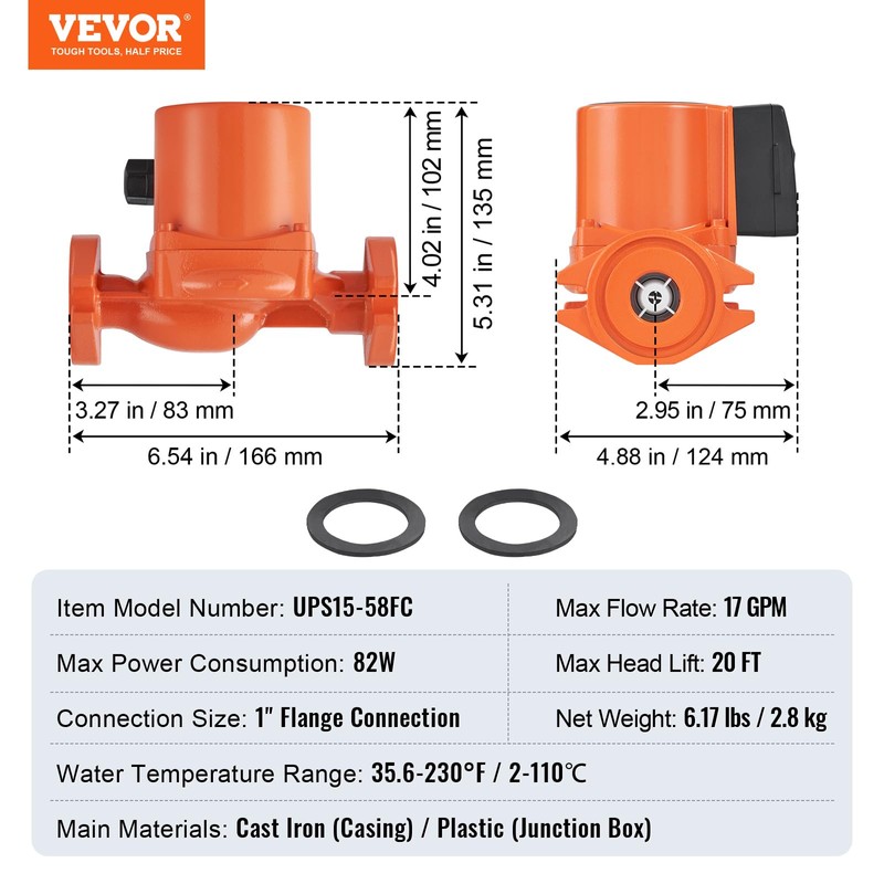 VEVOR UPS15-58FC 17 GPM Cast Iron Circulation Pump, 1" NPT