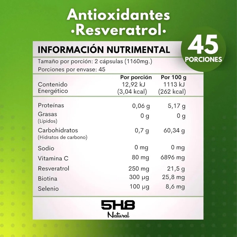 5h8 Resveratrol 90 Cáps Con 250 Mgs Frutos Rojos Con
