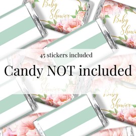 Amanda Creation Aqua & Peony Watercolor Floral Baby Sprinkle Baby Shower Mini Chocolate Candy Bar Sticker Wrappers, 45 1.4" x 2.6" Wrap Around Labels, Great for Party Favors