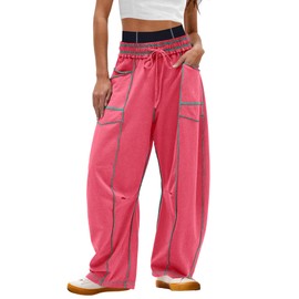 Nirovien Wide Leg Pants Women Baggy Sweatpants High Waisted Pants with Pockets Casual Lounge Pants(Watermelon Red,S)