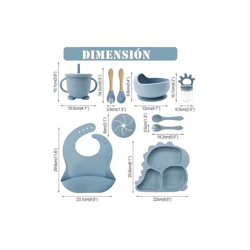 10PCS Silicona Bebé Alimentación Set, Plato De Dinosaurios Para Bebés