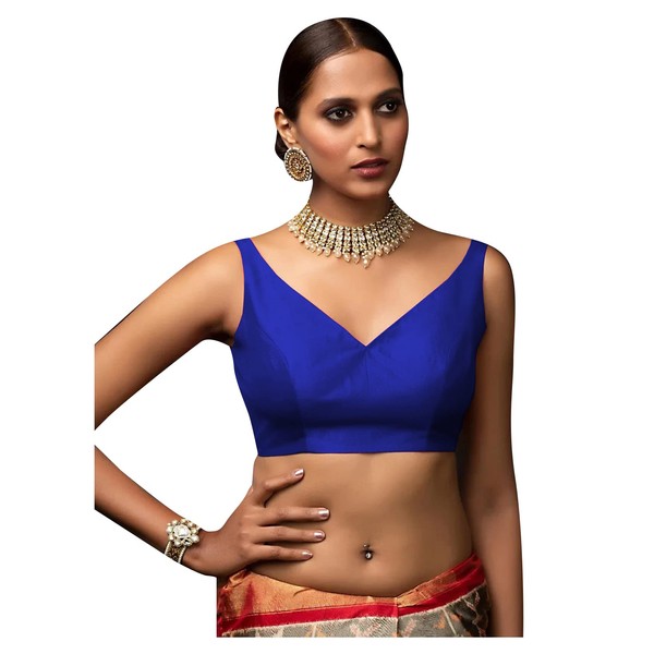 Readymade Banglori - Blusa de seda azul real para sari de diseño indio Bollywood con costuras acolchadas, Azul Rey 1, XXL