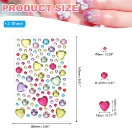 PATIKIL Self-Adhesive Rhinestone Stickers, 2 Pcs Face Gems Jewel Stickers Crystal Heart Embellishment Sheet for Crafting Nail Decor Makeup DIY, Colored