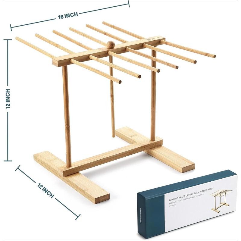 Bamboo Pasta Drying Rack with Transfer Wand and 12 Bars,