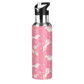 Stainless Steel Water Bottle with Straw, Watercolor Unicorn Insulated Drink Flask Sports Water Bottle for Kids Adults, Leakproof, 600ml
