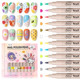 GELLAKTIK 12 Colors Nail Art Pens Set, 3D Nail Polish Pens, Quick-Drying Acrylic Paint Markers, 0.7mm Dotting Painting Liner Brush for DIY Nail Design, Home & Salon Manicure Tools