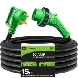 ELECTERY 30 Amp 15 Ft RV Power Extension Cord NEMA TT-30P to L5-30R with Twist Locking Adopter, Heavy Duty STW Cord 3 Prong 10 Gauge for RV, Marine, Generator. ETL Listed