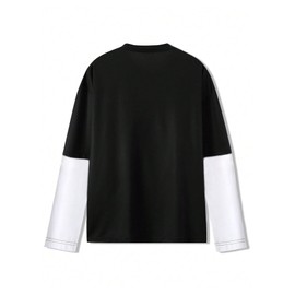 BEAUDRM Men's Graphic 2 in 1 Tee Shirts Long Sleeve Crewneck Drop Shoulder Tops Streetwear Black Large