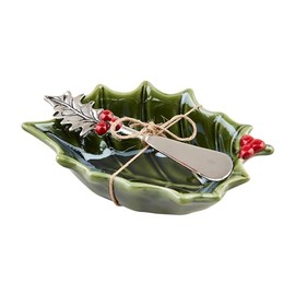 Mud Pie Holly Tidbit Set, bowl 2 1/2" x 5 3/4" | spreader 5 1/2", GREEN