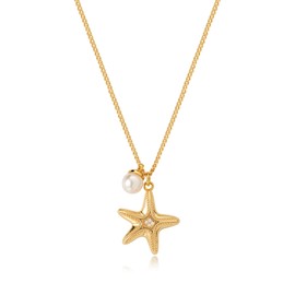 MTMY 14K Gold Plated Shell/Starfish/Anchor/Dolphin Pendant Necklaces Ocean Beach Summer Jewelry for Women (starfish pearl)