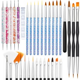34pcs Nail Art Brushes Set – 15 Nail Brushes, 5 Dual-Ended Dotting Pens, 5 Liner Brushes, 5 Carving Brushes, Brush Holder & 3 Dual-Ended Nail Art Pens – Tools for Gel, Acrylic, DIY Design