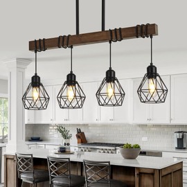 4-Light Kitchen Chandeliers Over Table, Farmhouse Black Dining Room Light Fixture, Linear Rustic Wood Ceiling Pendant Island Light Fixtures with Metal Lampshade