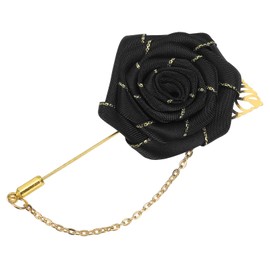 QUARKZMAN Lapel Pin for Men Size: 1.57 Inch Fabric Alloy Rose Flower Needlesuit Lapel Pin with Gold Leaf & Embellishment/Tassel Chain Brooch for Groom Wedding 1 Piece Black