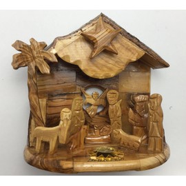 Olive Wood Rotating Star Musical Nativity Scene in Gift Box- Plays Silent Night